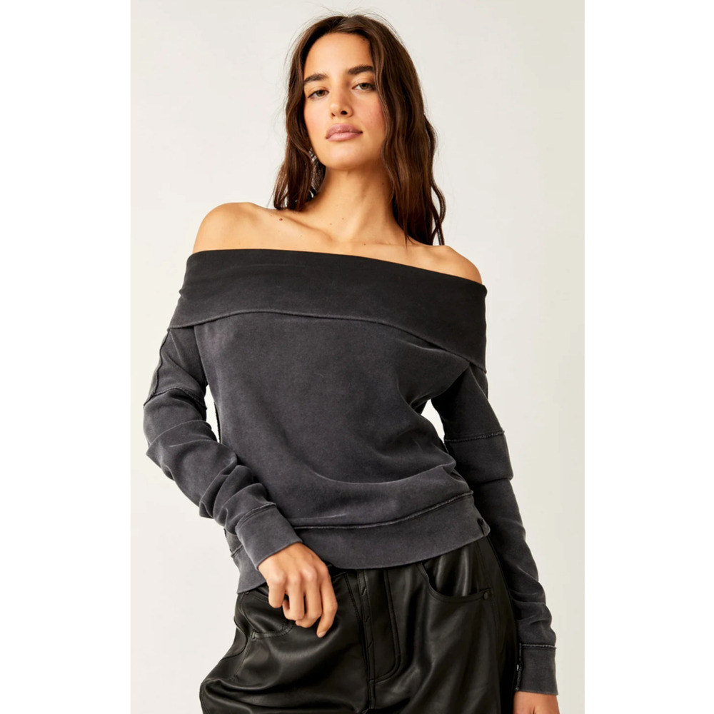 NEW FREE PEOPLE WE THE FREE BLACK NOT THE SAME TEE OFF THE SHOULDER TOP SZ M - Picture 2 of 10